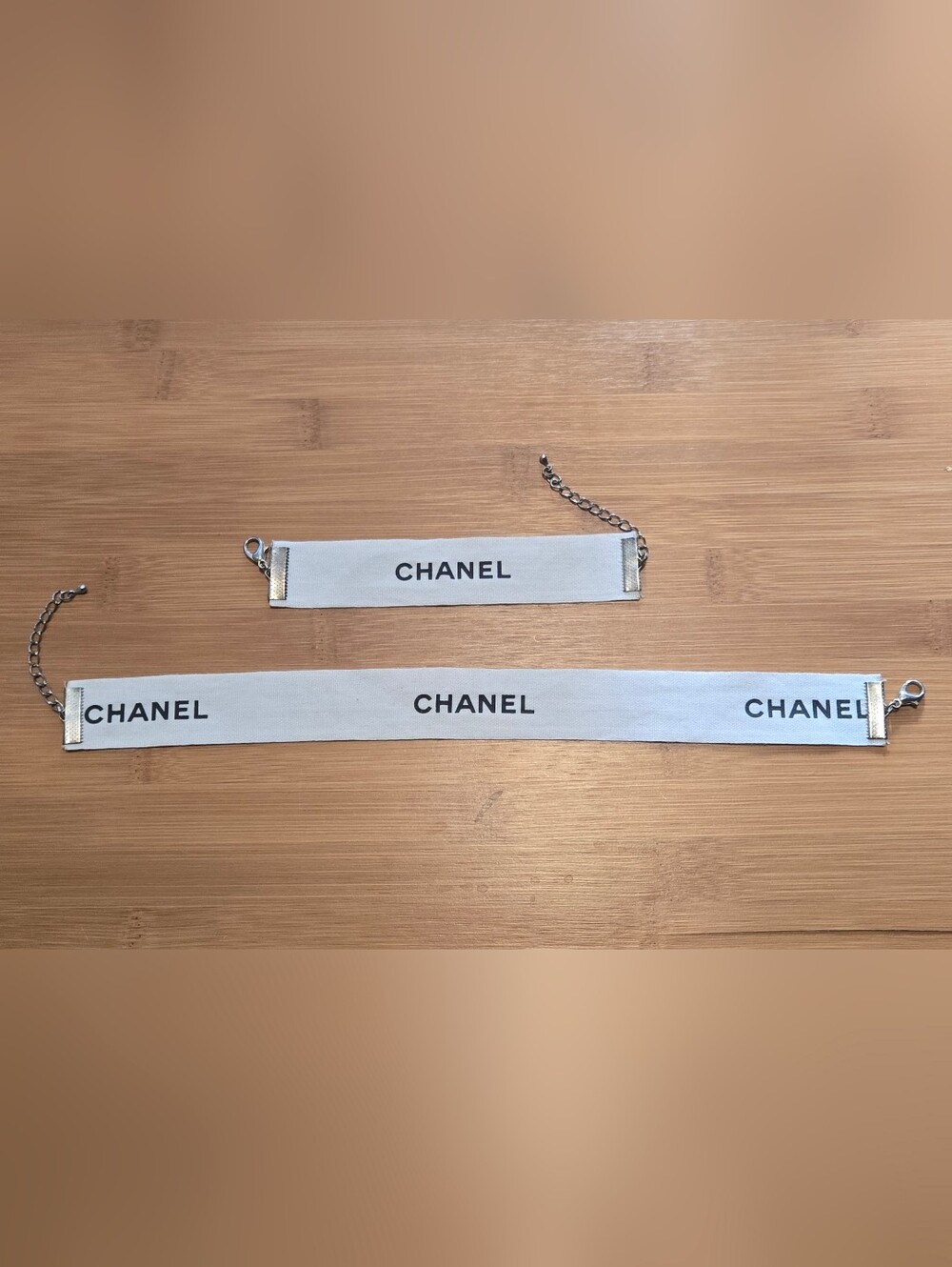 CHANEL White and Black Logo Ribbon Choker & Bracelet Set Handmade
